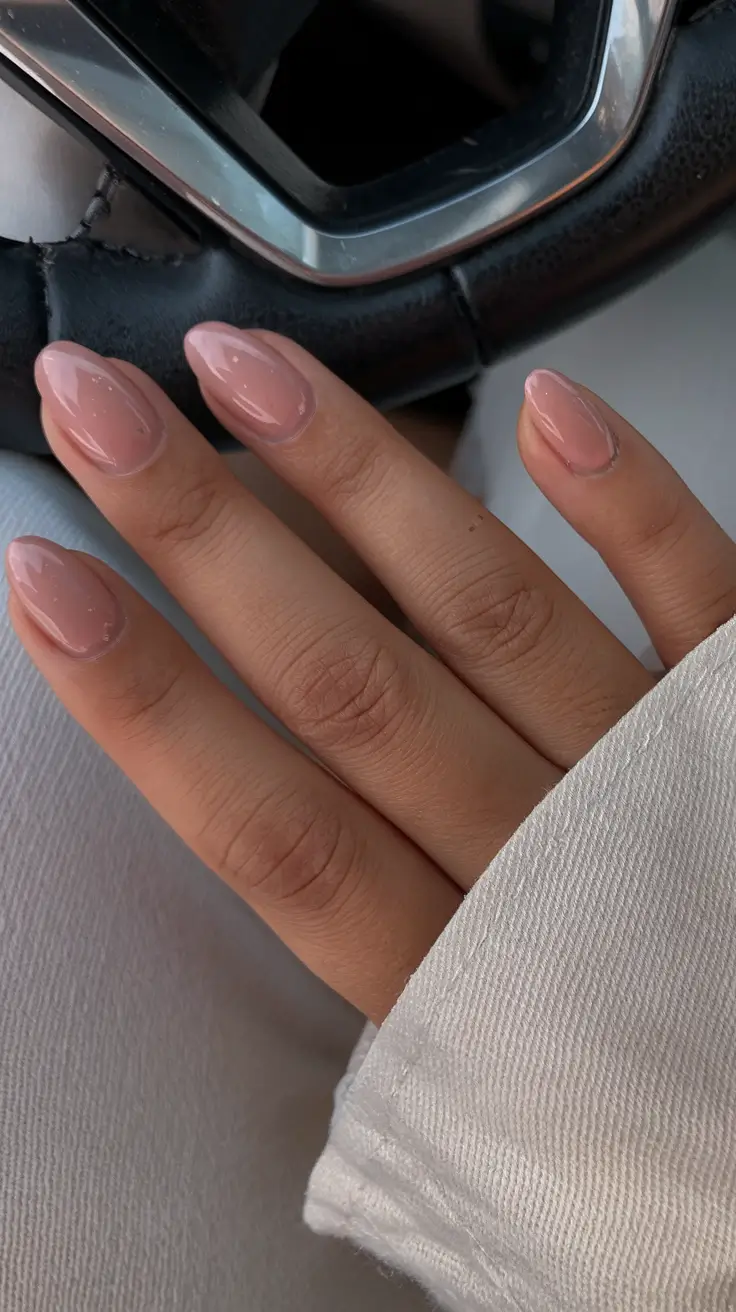 simple summer nail looks for 2025 Glossy Beige: The Sheer Nude Summer Staple
