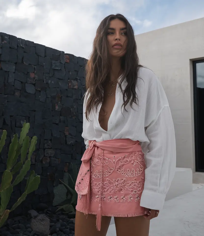 stylish july 2025 outfits to wear all month Boho Drama in Pink Embroidery