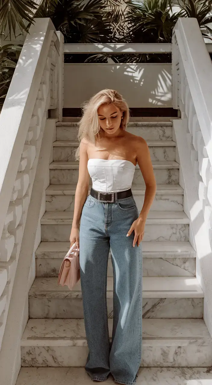 stylish july 2025 outfits to wear all month Structured Bustier & Wide-Leg Denim Chic