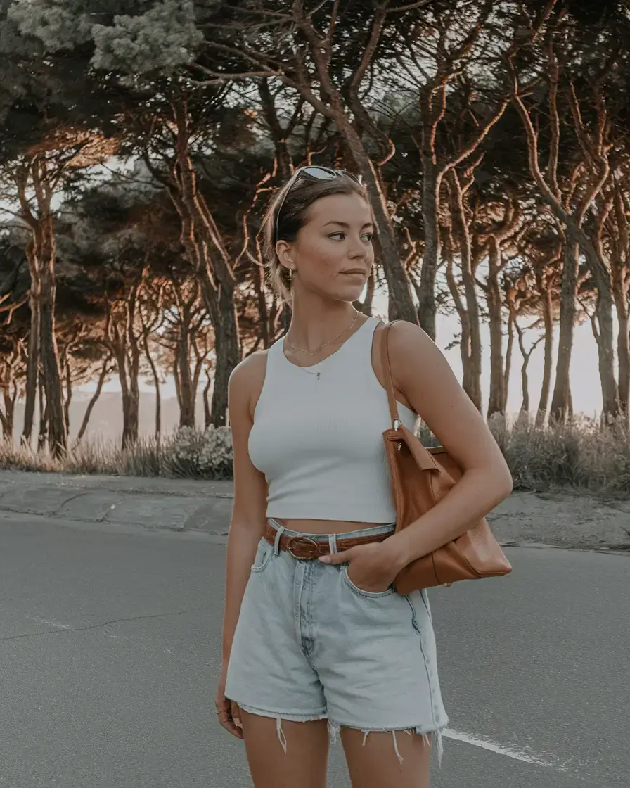 stylish july 2025 outfits to wear all month Classic Tank & Belted Shorts: Timeless Summer Staple