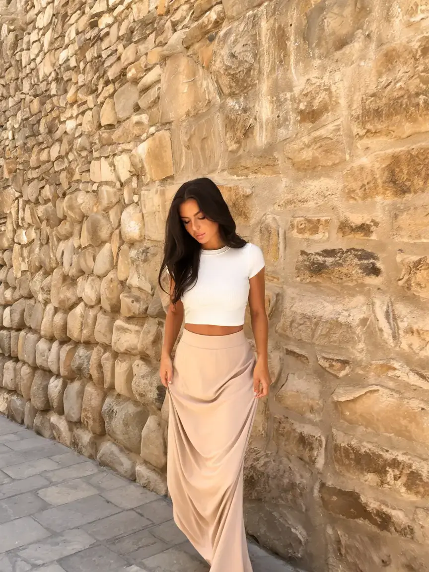 stylish july 2025 outfits to wear all month Satin Maxi Skirt & Cropped Tee: Mediterranean Minimalism