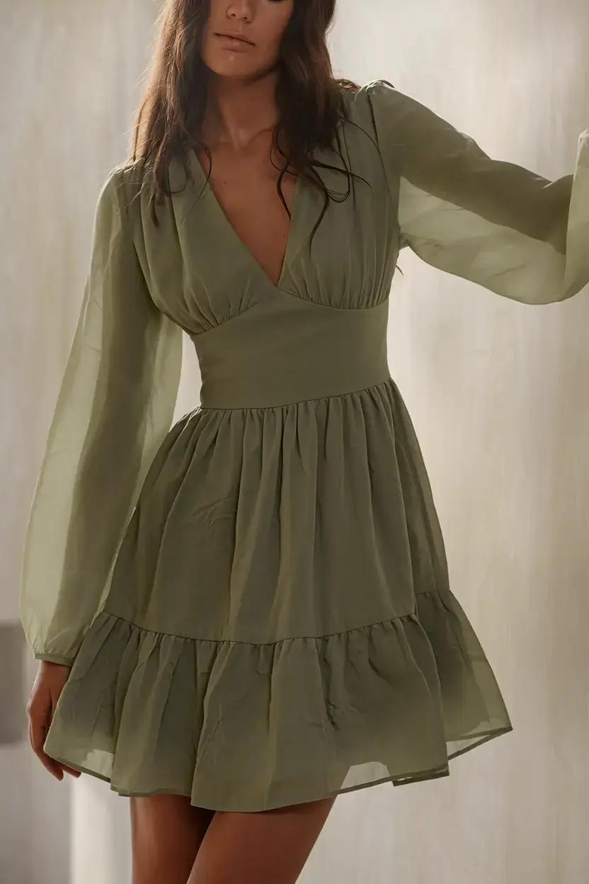 stylish july 2025 outfits to wear all month Olive Ruffle Dress: Soft Romance in Earth Tones