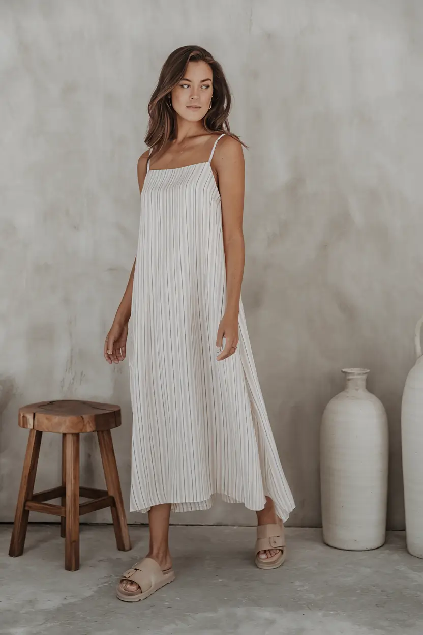 summer to fall transition outfits ideas 2025+Neutral Maxi Dress with Subtle Texture