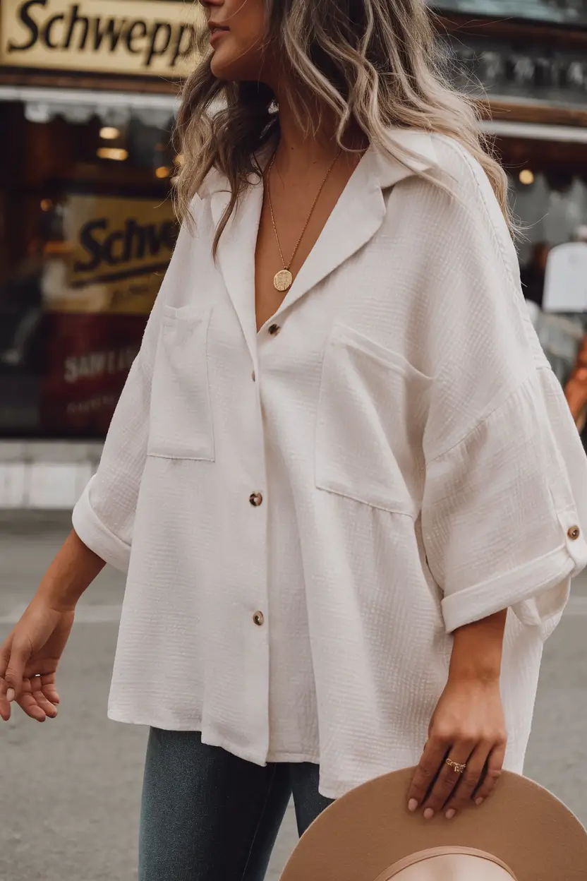 summer to fall transition outfits ideas 2025+Oversized Textured Shirt and Skinny Jeans