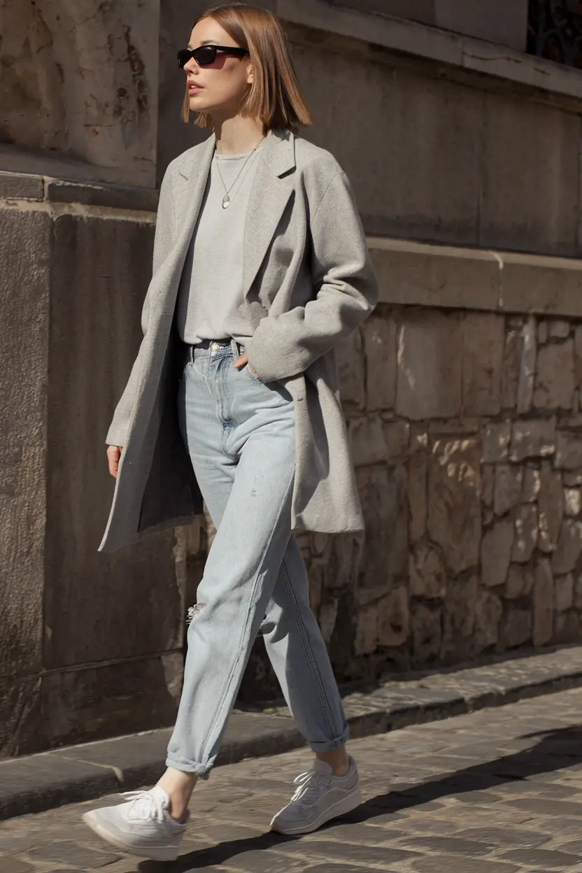 summer to fall transition outfits ideas 2025+Layered Gray Tones with Soft Denim