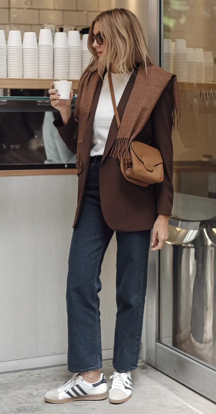 summer to fall transition outfits ideas 2025+Espresso Tones and Sporty Layers