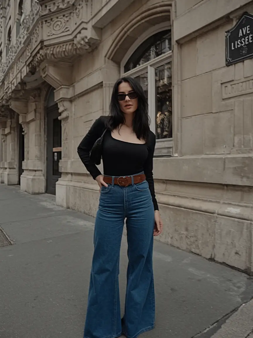 summer to fall transition outfits ideas 2025+Black Square-Neck Top with Wide-Leg Denim