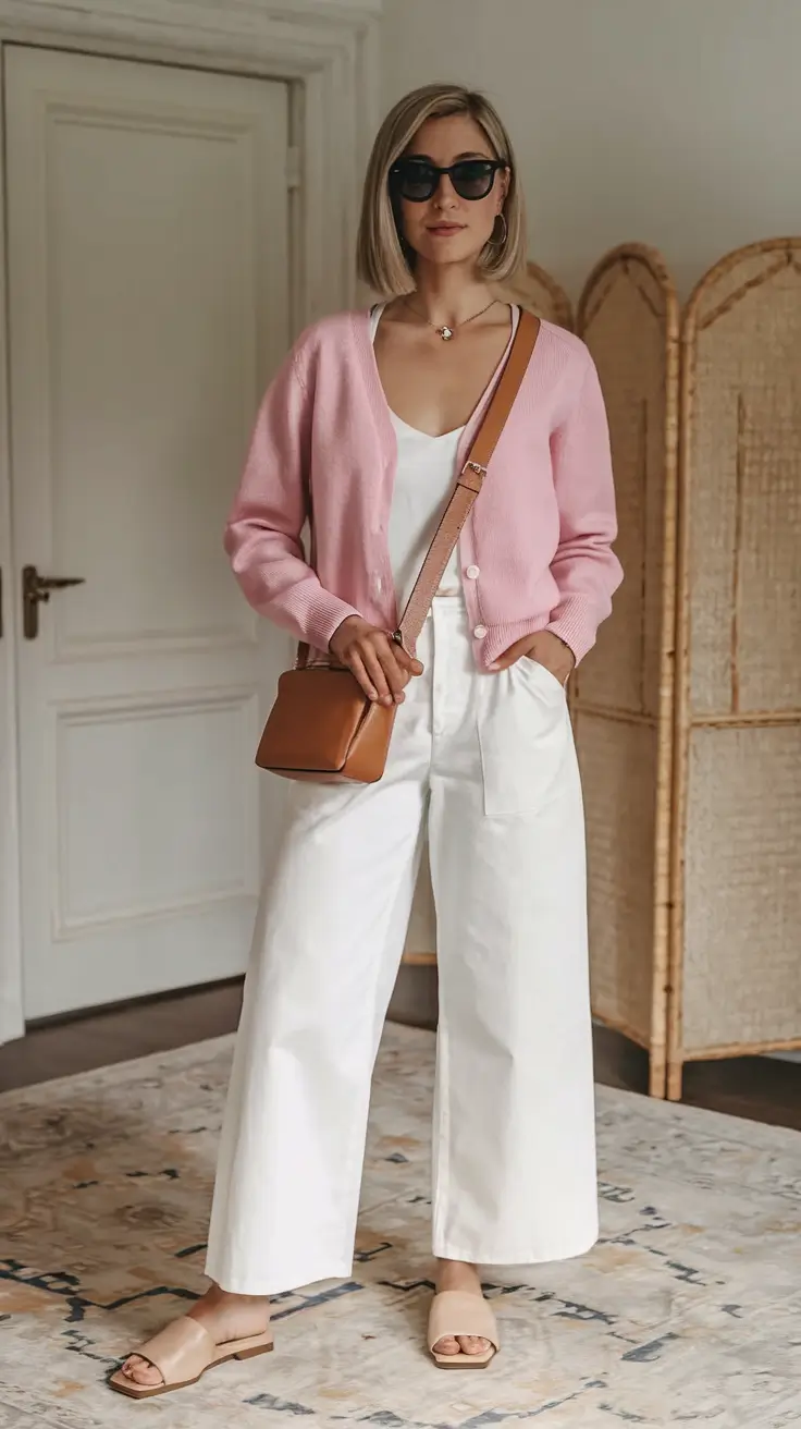 summer to fall transition outfits ideas 2025+Cotton Candy Cardigan Meets Cream Denim