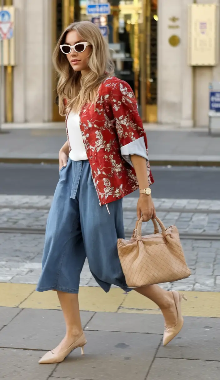 summer to fall transition outfits ideas 2025+Bold Pattern Meets Elevated Denim