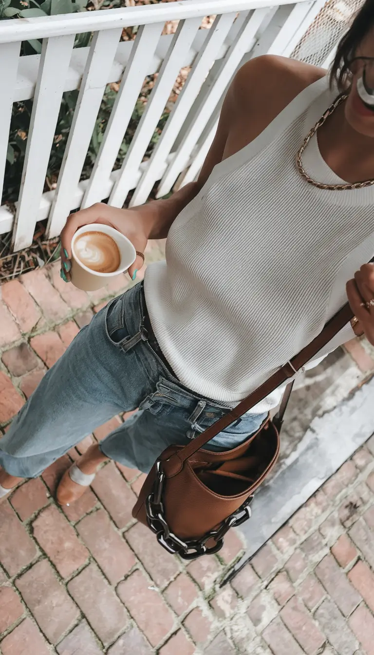 summer to fall transition outfits ideas 2025+Elevated Basics on a City Balcony