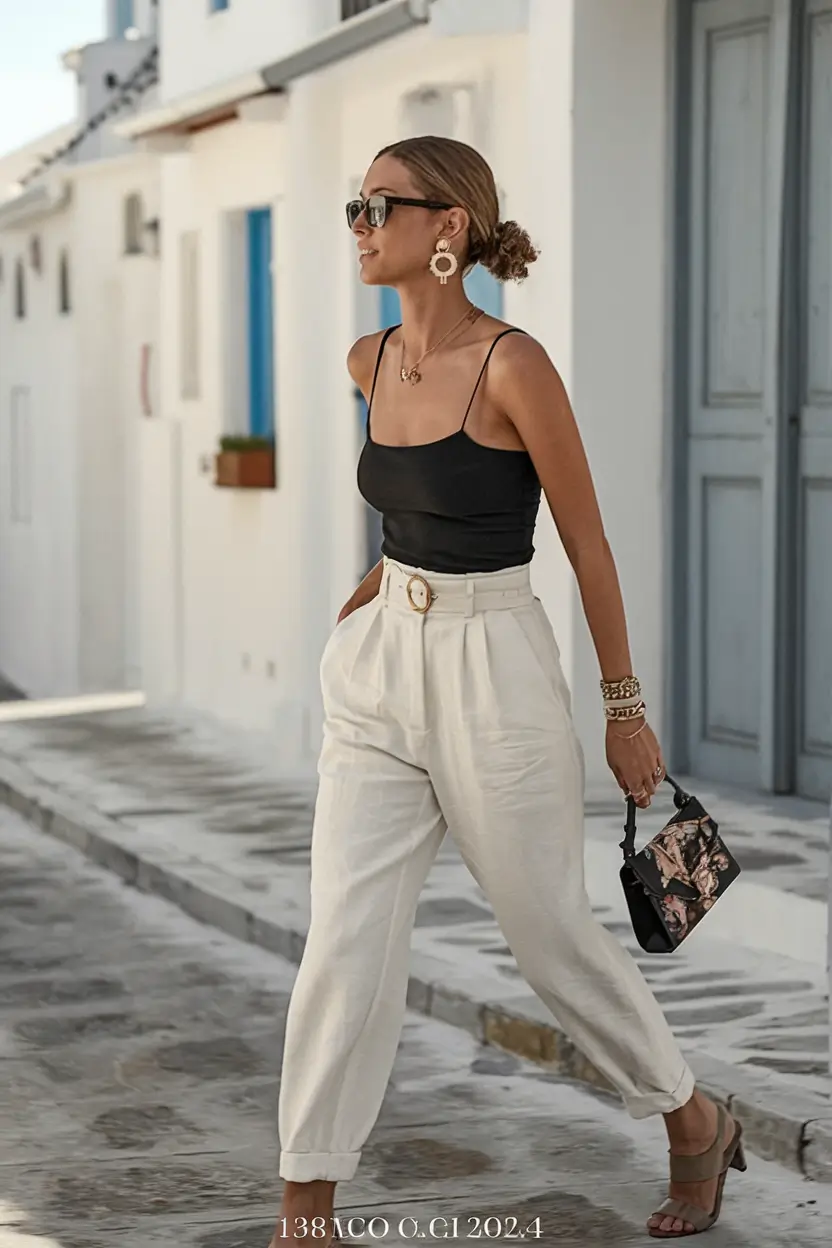 summer to fall transition outfits ideas 2025+High-Waisted Cream Trousers with a Sleek Black Tank
