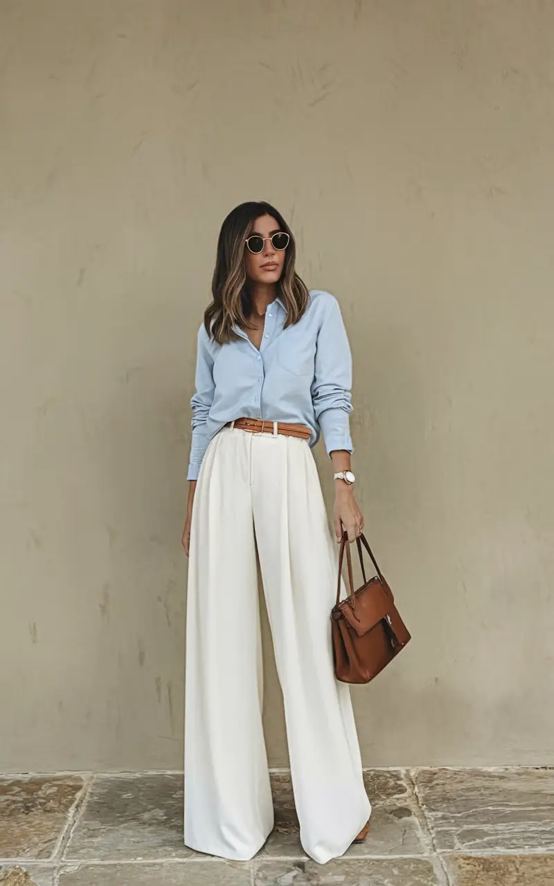 summer to fall transition outfits ideas 2025+Soft Blue Shirt and Cream Wide-Leg Pants