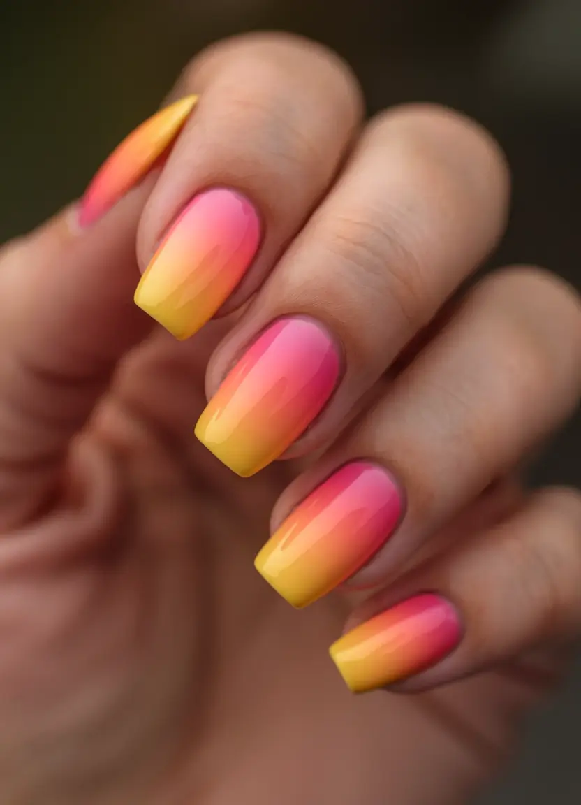 sunset gradient nails to glow in 2025 Neon Horizon: Vivid Ombre for The Bold