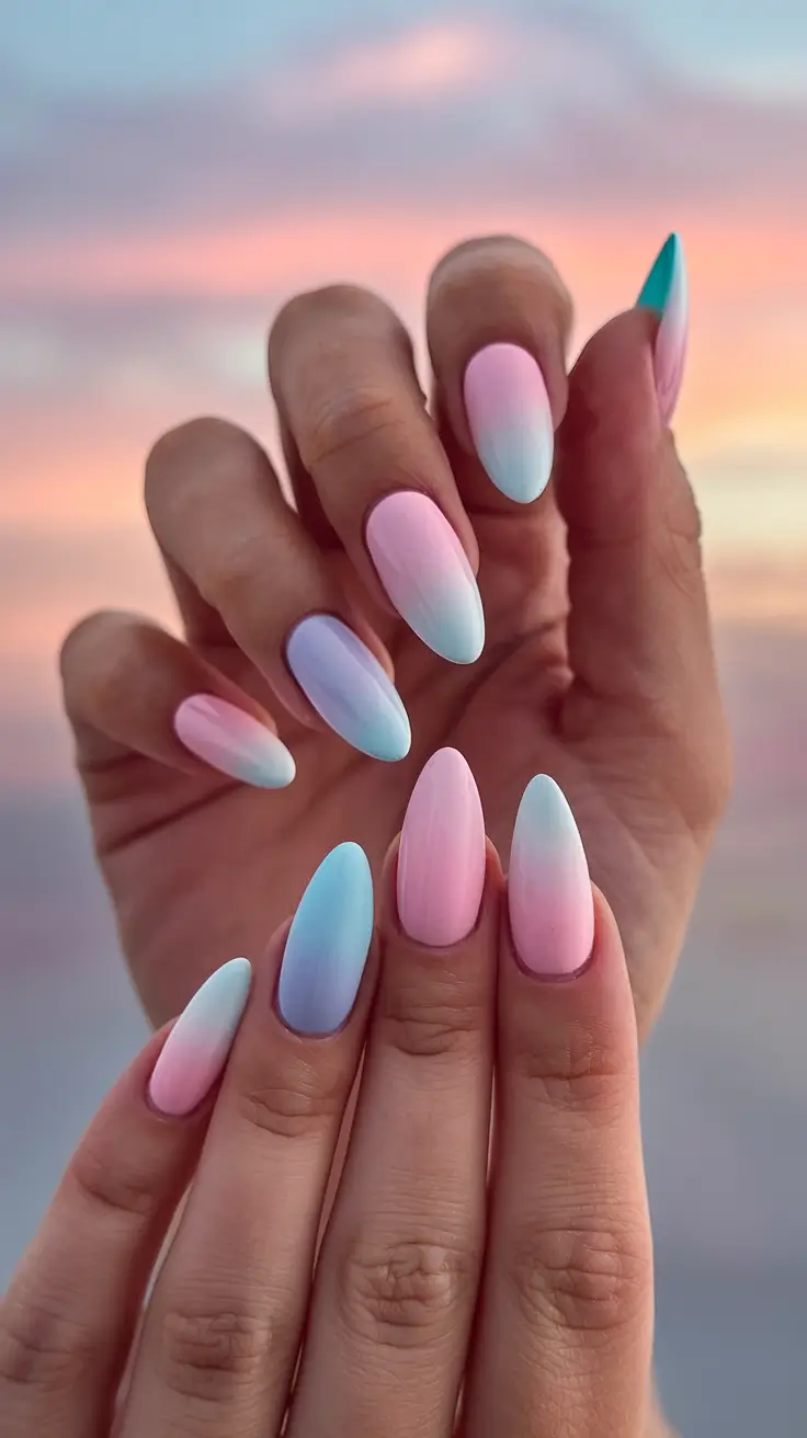sunset gradient nails to glow in 2025 Cotton Candy Sunset: Soft Gradient with Baby Blue Twist