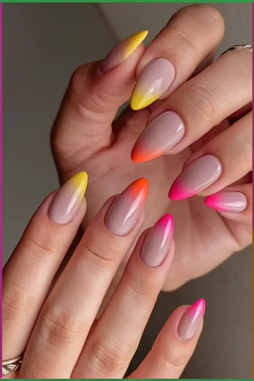 sunset gradient nails to glow in 2025 Color Pop Tips: Subtle Neutral Meets Neon Ends