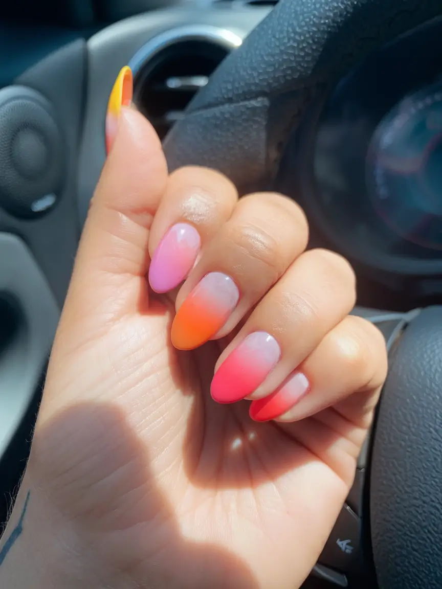sunset gradient nails to glow in 2025 Hot Coral Dreams: The Neon Fade That Screams Summer