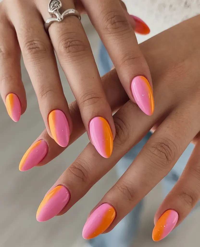 sunset gradient nails to glow in 2025 Pink Sunset Split: Vibrant Dual-Tone Statement