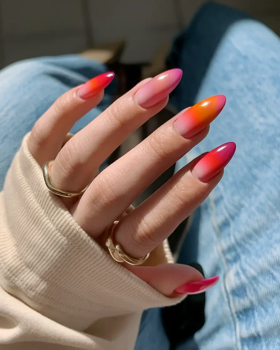 sunset gradient nails to glow in 2025 Fire Kiss Fade: Bold Summer Sunset Vibes