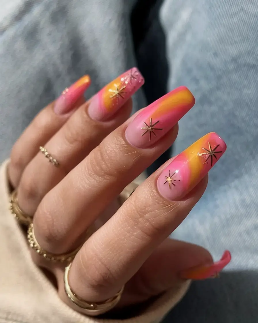 sunset gradient nails to glow in 2025 Golden Stardust: Celestial Ombre Sparkle