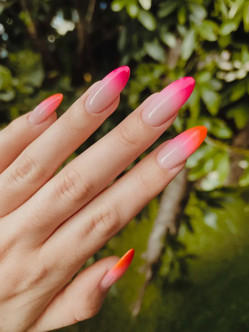 sunset gradient nails to glow in 2025 Tropical Fade Tips: Summer Heat On Every Edge