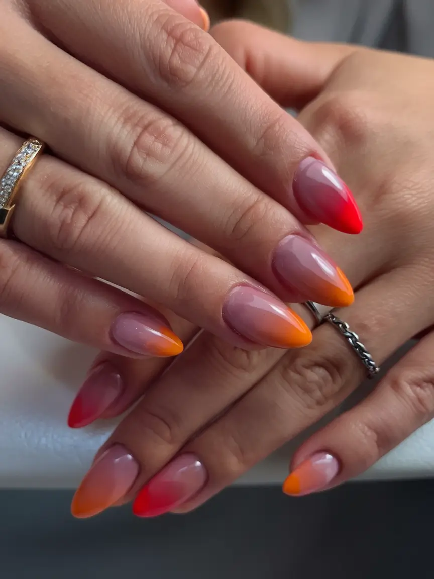 sunset gradient nails to glow in 2025 Burnt Sunset Fade: Soft Blush Meets Fiery Tips
