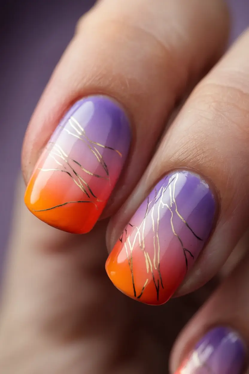 sunset gradient nails to glow in 2025 Violet Blaze: Sunset Thunderstorm with Gold Veins
