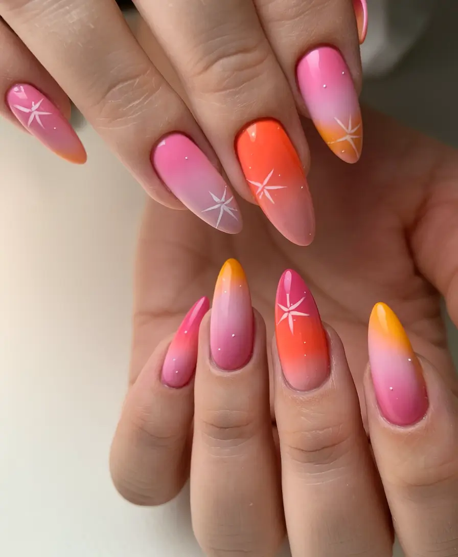 sunset gradient nails to glow in 2025 Starry Tropics: Neon Sunset with Delicate Stardust