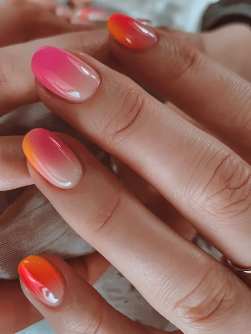 sunset gradient nails to glow in 2025 Peachy Kiss: Smooth Tropical Fade