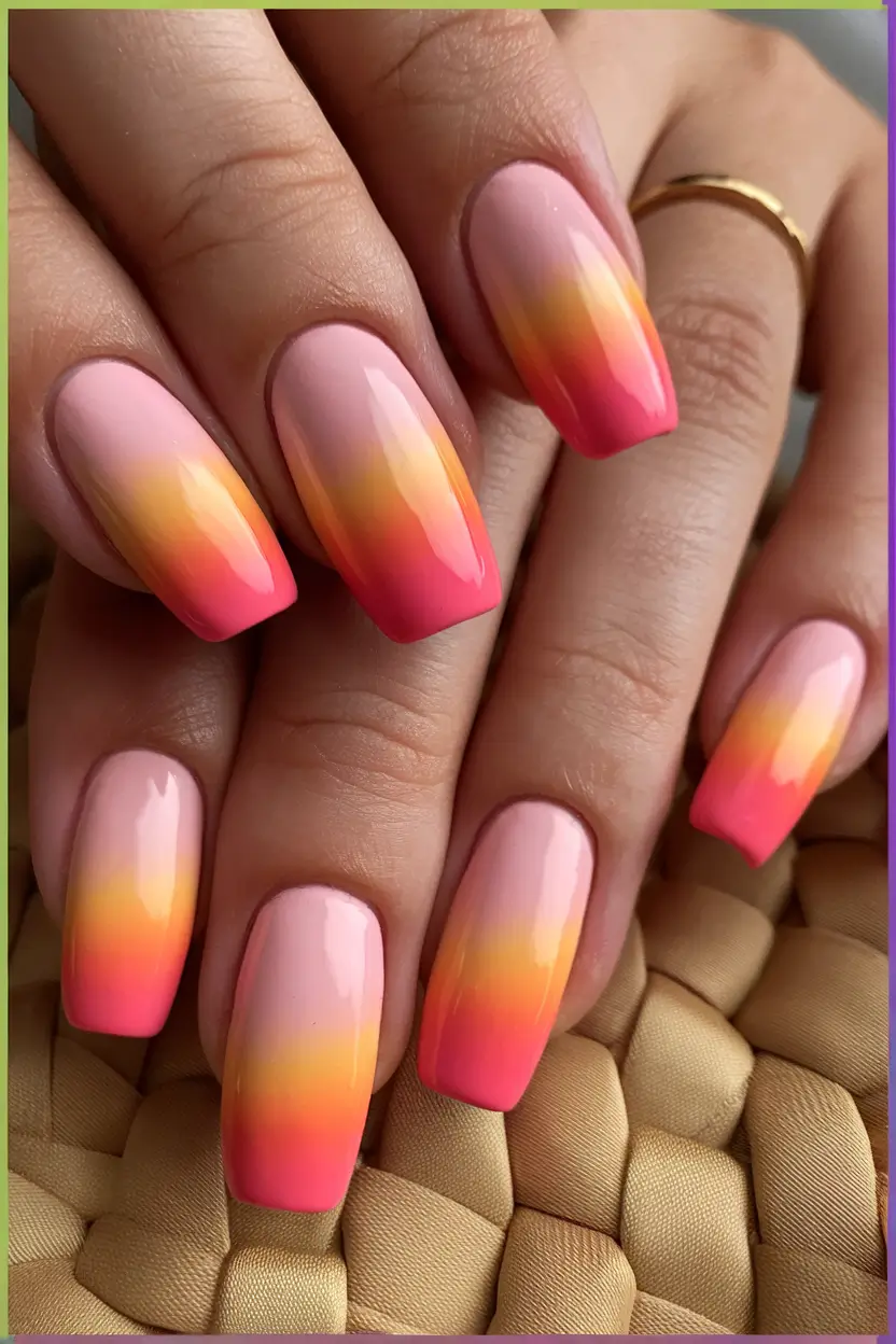 sunset gradient nails to glow in 2025 Sorbet Glow: Bold Sunset Melt with Squared Elegance