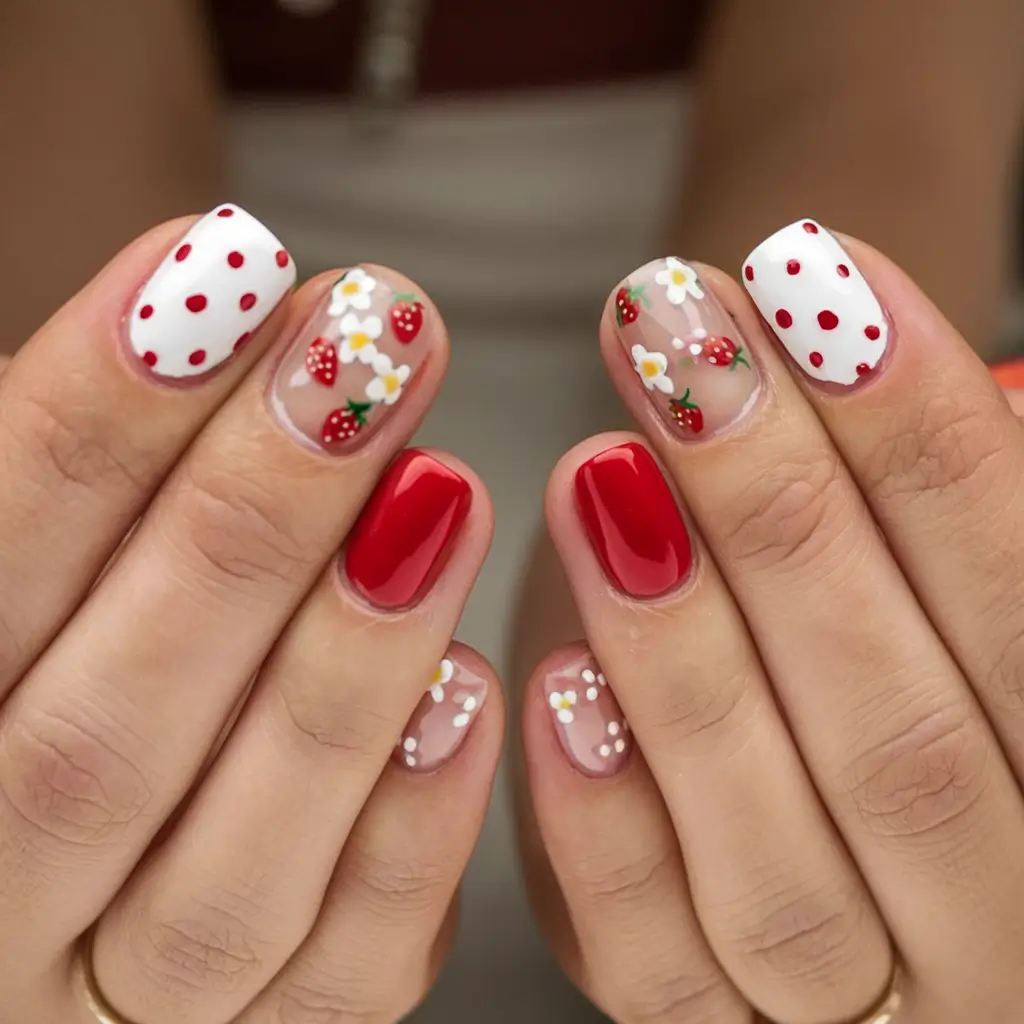 sweet strawberry nails to try in 2025 Retro Strawberry Dots & Daisies