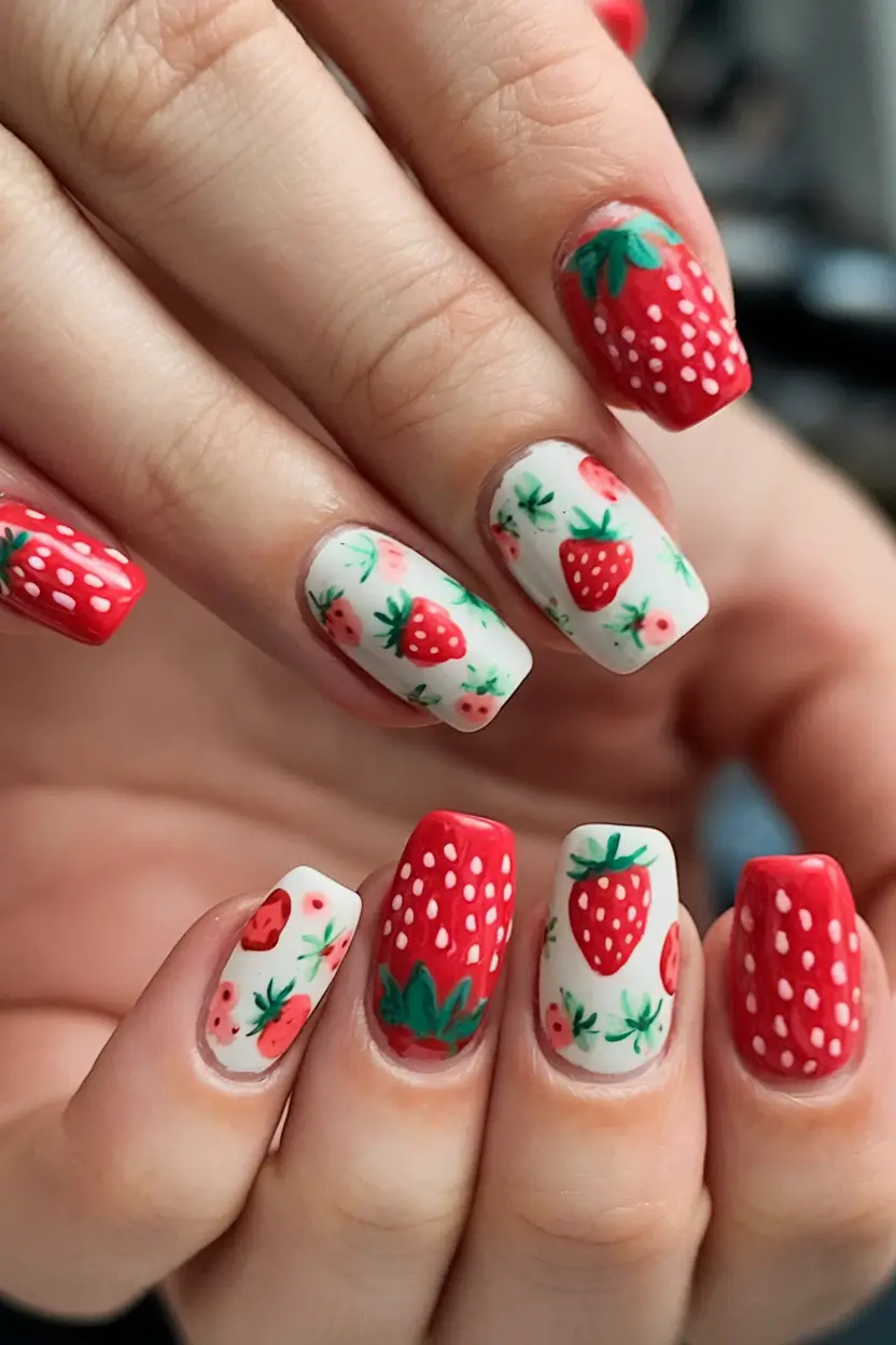 sweet strawberry nails to try in 2025 Matte Berries & Cream Fantasy