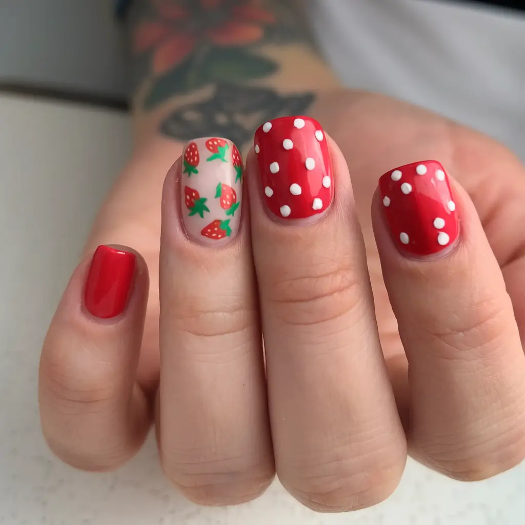 sweet strawberry nails to try in 2025 Sweet & Simple Strawberry Pop