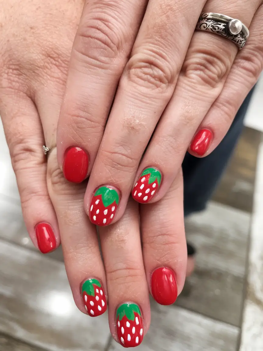 sweet strawberry nails to try in 2025 Mini Strawberries for Short Nails