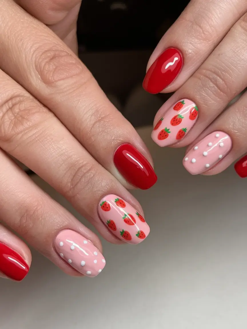 sweet strawberry nails to try in 2025 Soft Strawberry Polka Accent