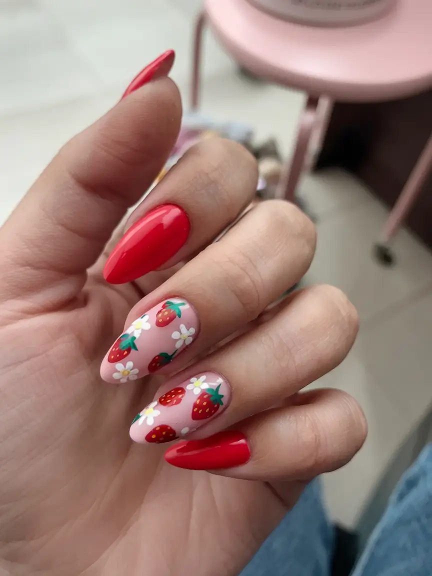 sweet strawberry nails to try in 2025 Cherry Red Meets Cottagecore