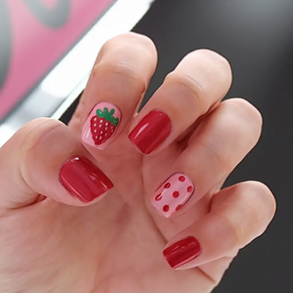 sweet strawberry nails to try in 2025 Polka Dot Strawberry Patch