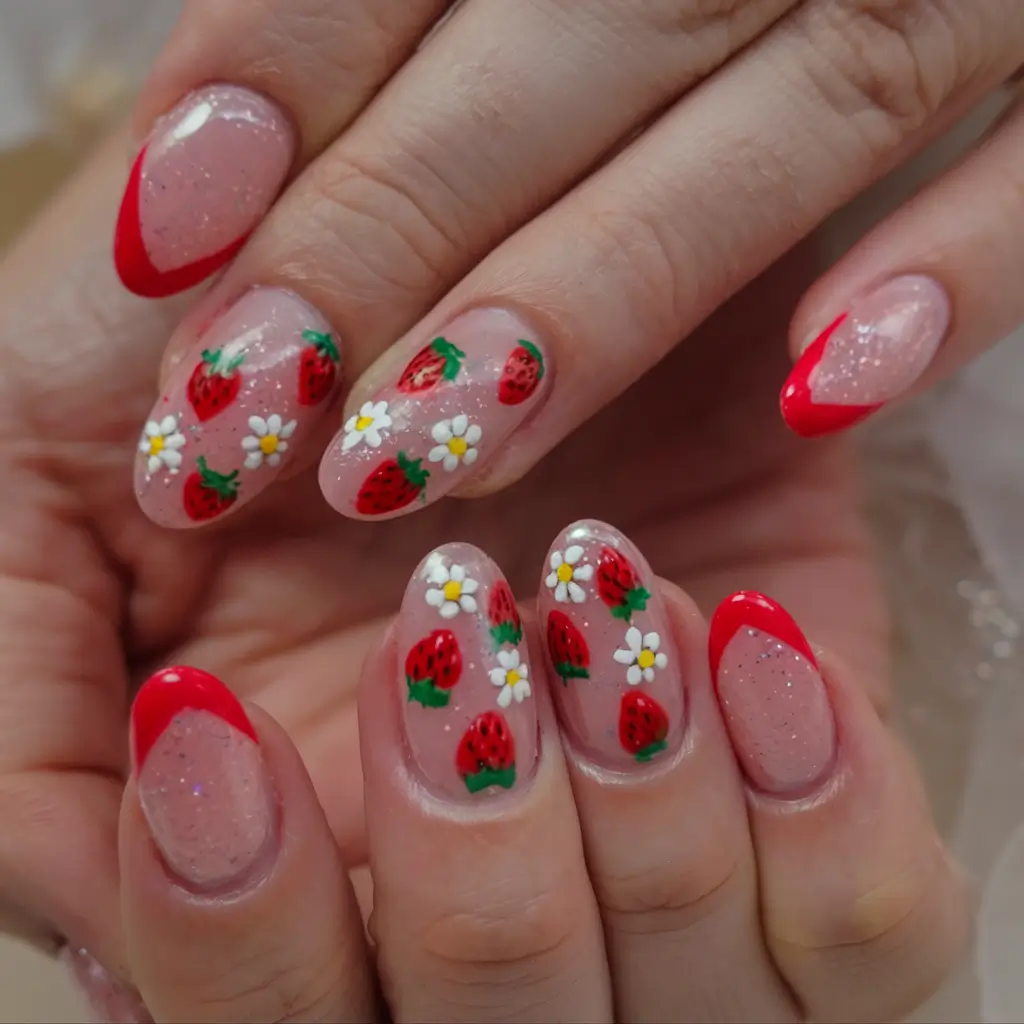 sweet strawberry nails to try in 2025 Glittery Garden Party Berries