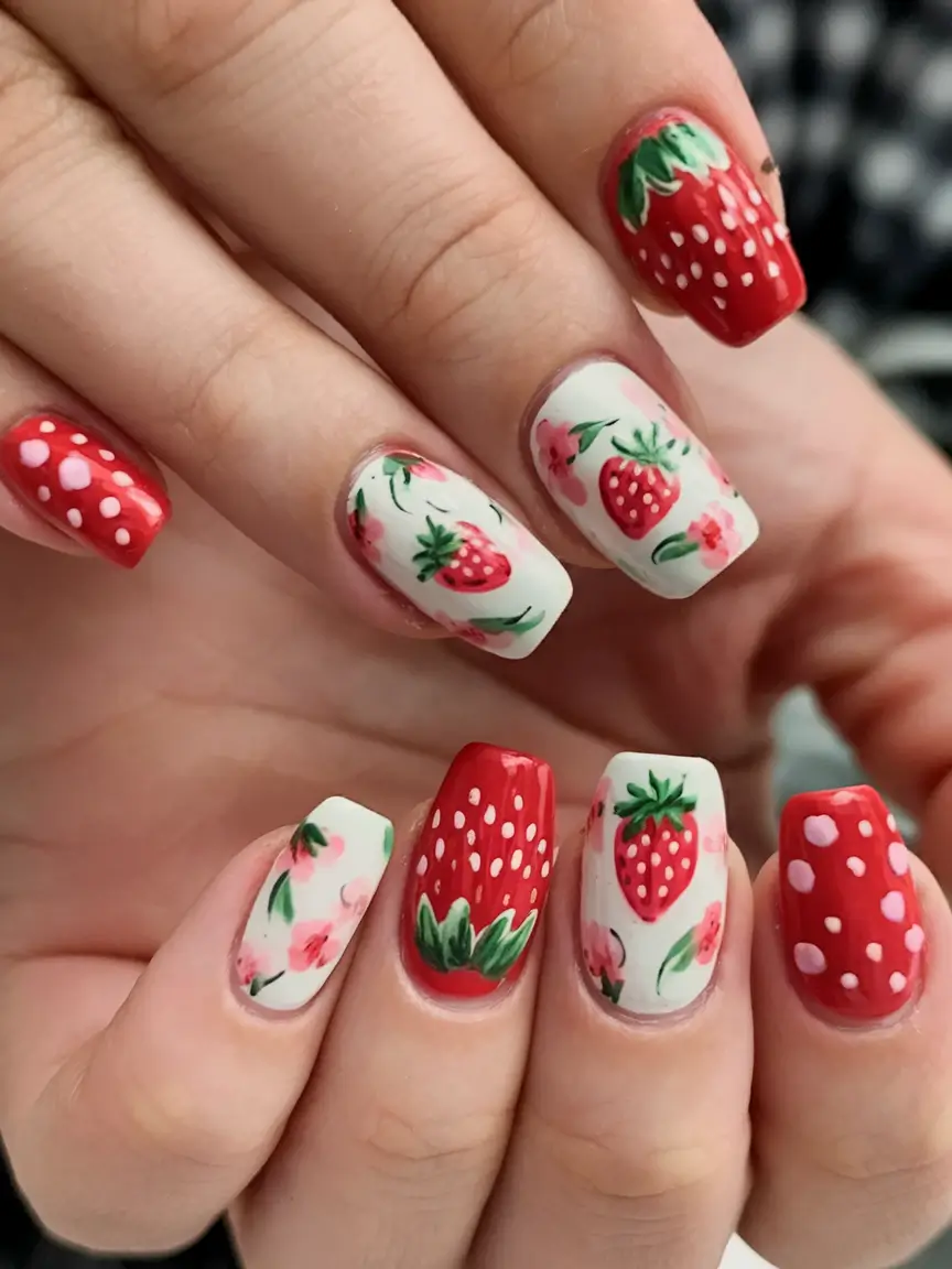 sweet strawberry nails to try in 2025 Painterly Strawberry Bouquet