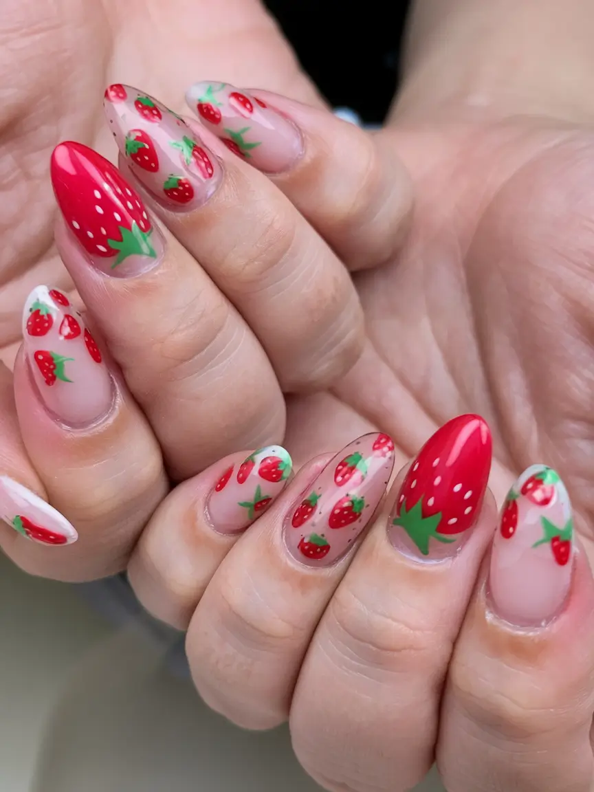 sweet strawberry nails to try in 2025 Layered Strawberry Party