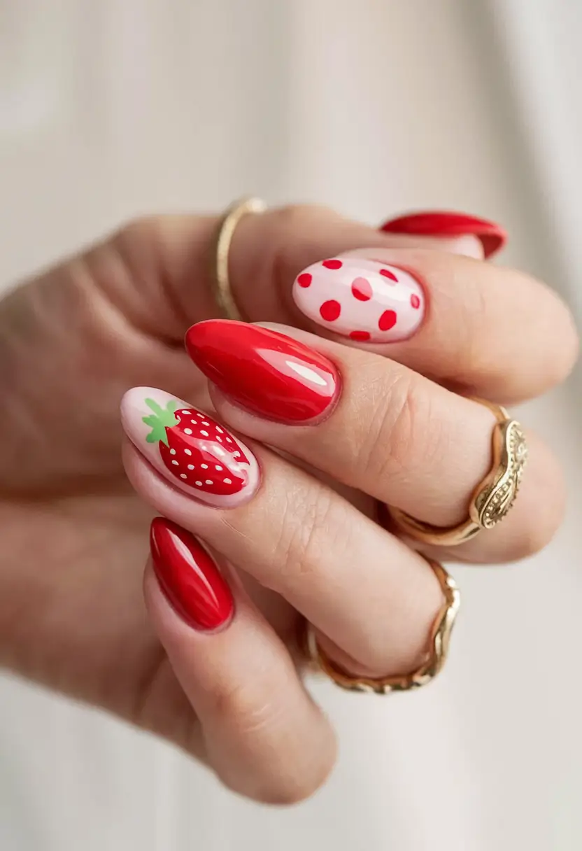 sweet strawberry nails to try in 2025 Bold Strawberry Accent & Polka Mix