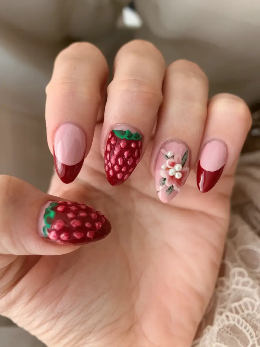 sweet strawberry nails to try in 2025 3D Textured Strawberry Elegance