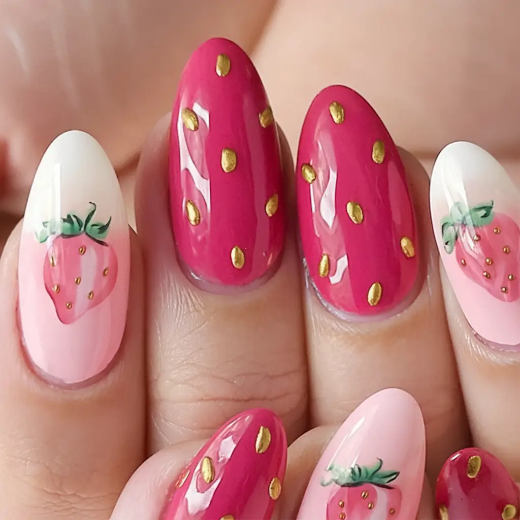 sweet strawberry nails to try in 2025 Golden Seed Luxe Strawberries