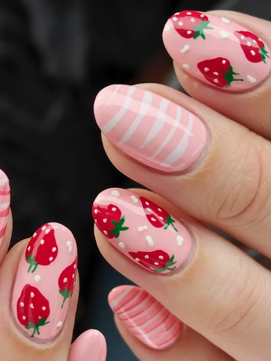 sweet strawberry nails to try in 2025 Pastel Picnic Stripes & Wild Strawberries