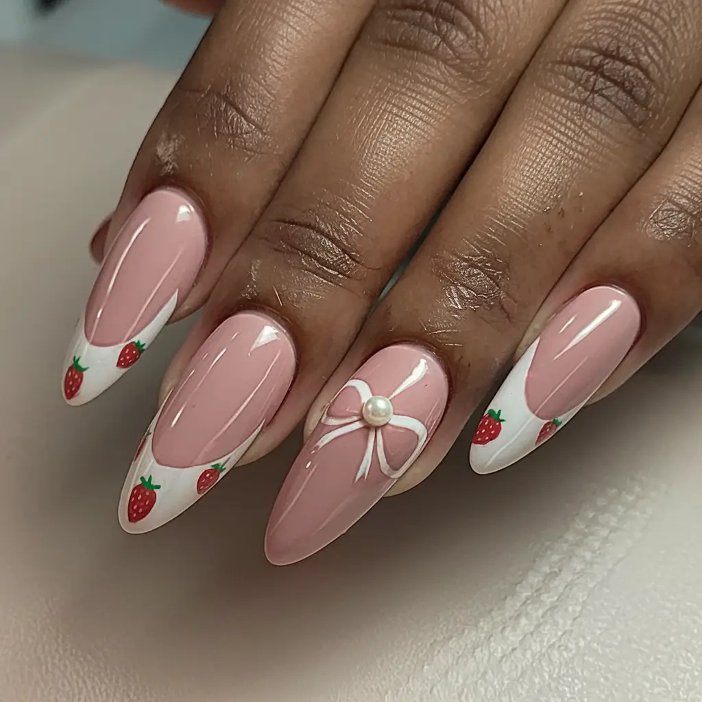 sweet strawberry nails to try in 2025 Glossy French with a Strawberry Accent