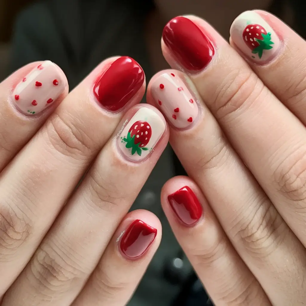 sweet strawberry nails to try in 2025 Bold Reds and Mini Berries