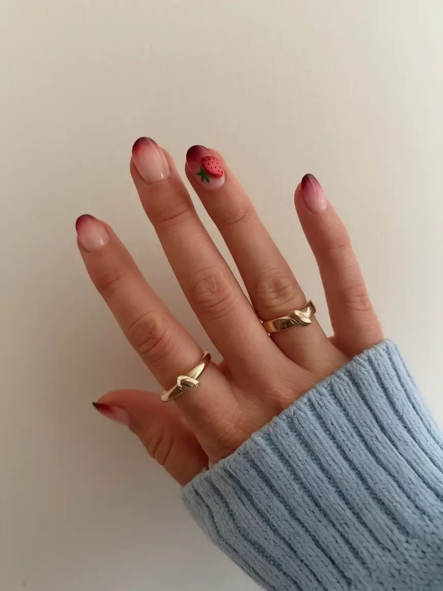 sweet strawberry nails to try in 2025 Berry Fade with a Bite