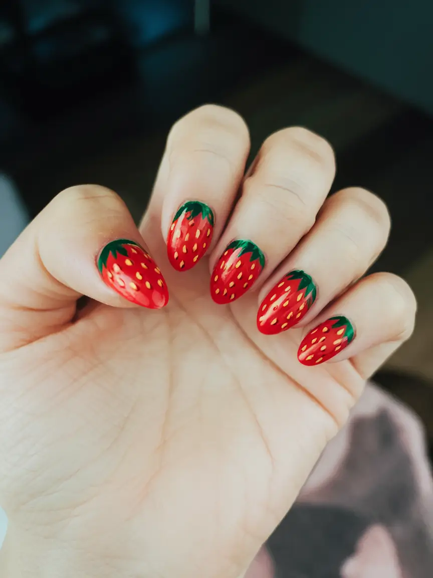 sweet strawberry nails to try in 2025 Full-On Strawberry Statement