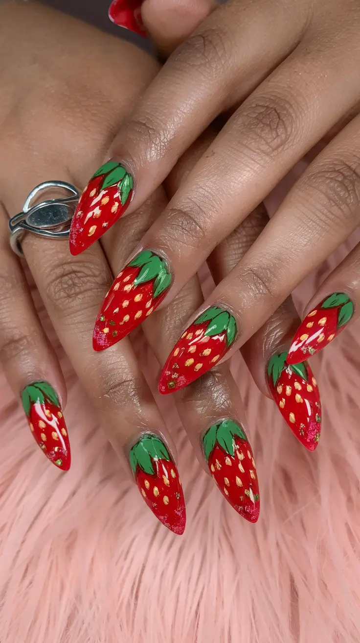 sweet strawberry nails to try in 2025 Glossy Garden-Party Strawberries