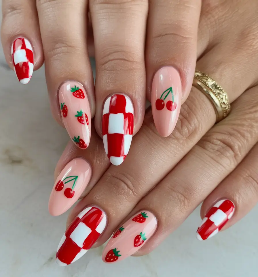 sweet strawberry nails to try in 2025 Strawberry Checkered Picnic