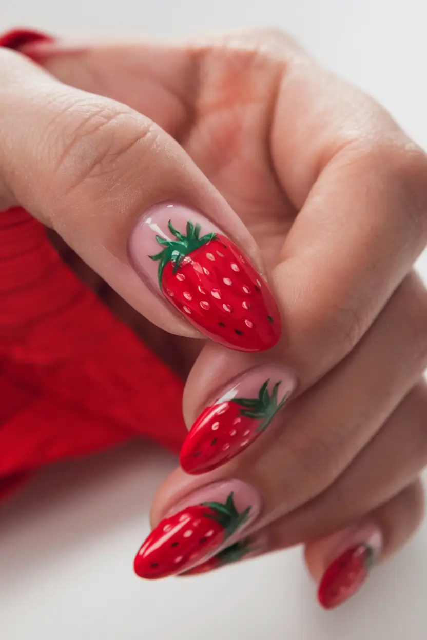 tropical fruit nail ideas for summer 2025 Glossy Strawberry Statement